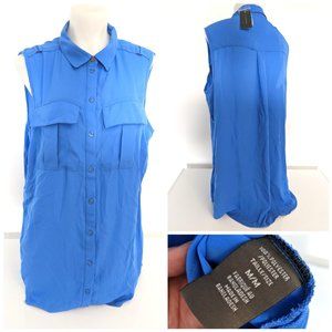 Chic Blue Sleeveless Round Neck Blouse W/ Button & Pockets Sz M, NWT